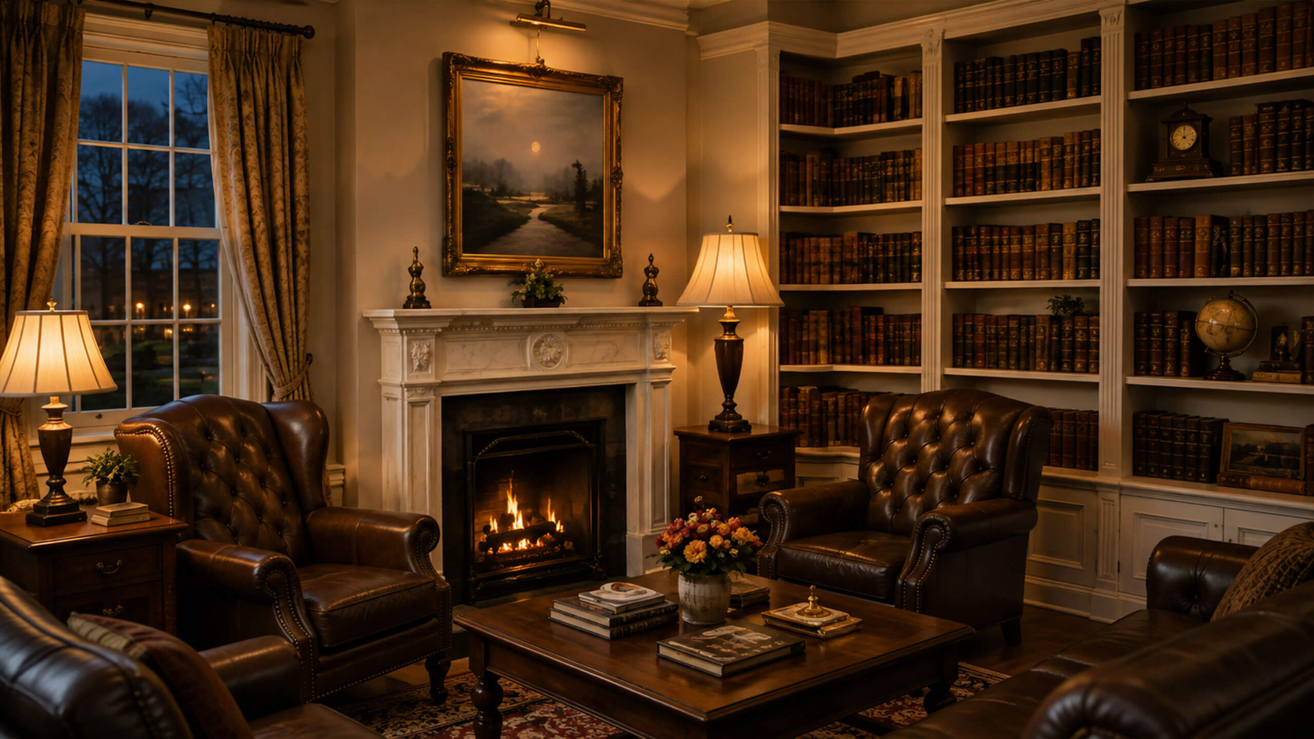 The firm’s library and fireplace in the historic Oxford office